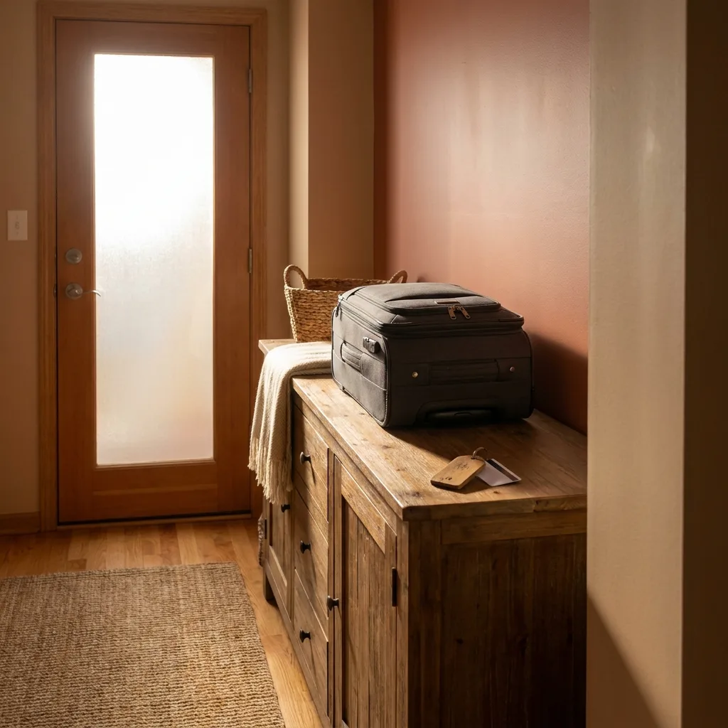 Rollkoffer und Keycard auf einem Sideboard neben der Wohnungstür